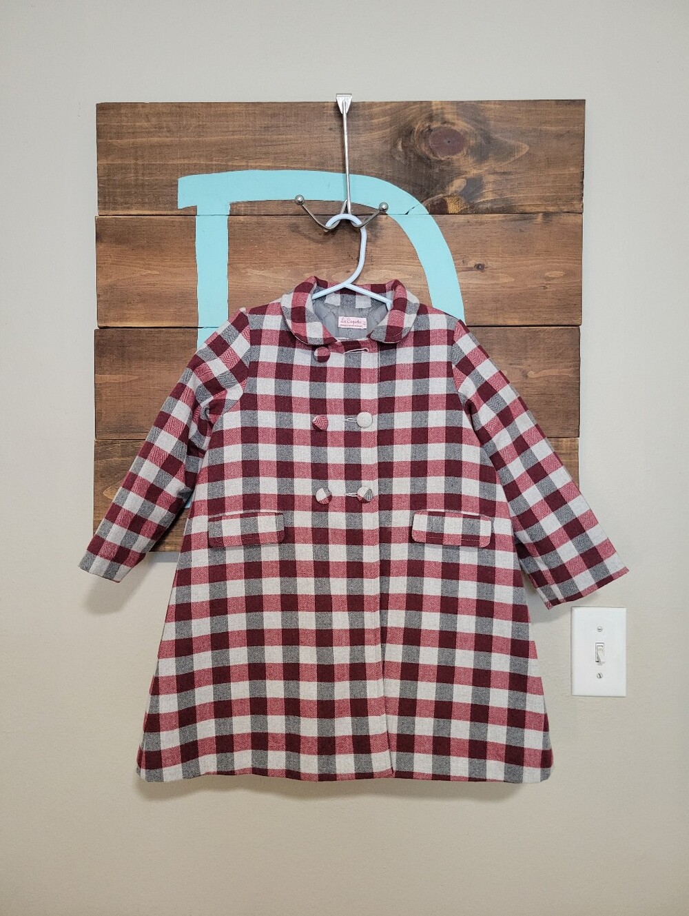 La Coquetta Girls' Red and Gray Plaid Preppy Academia Festive PeaCoat Size 4y